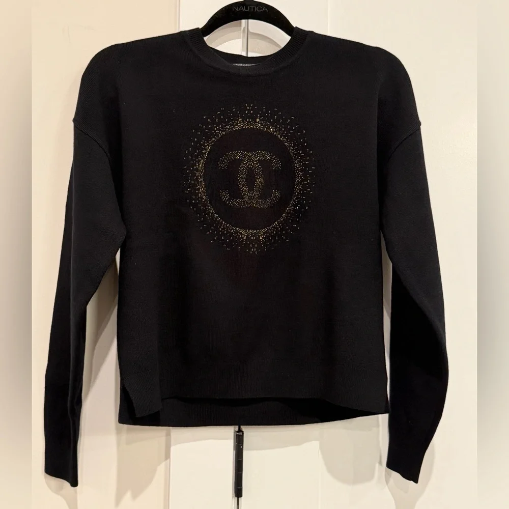 CHANEL Uniform Black Cotton Sweater W Gold Metallic CC Logo Size S designer NEW